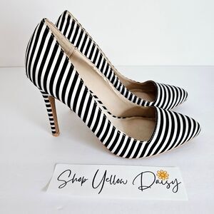 Forever 21 Black and White Striped Satin‎ Womens Pump Statement Heel Sz8~SH248.2
